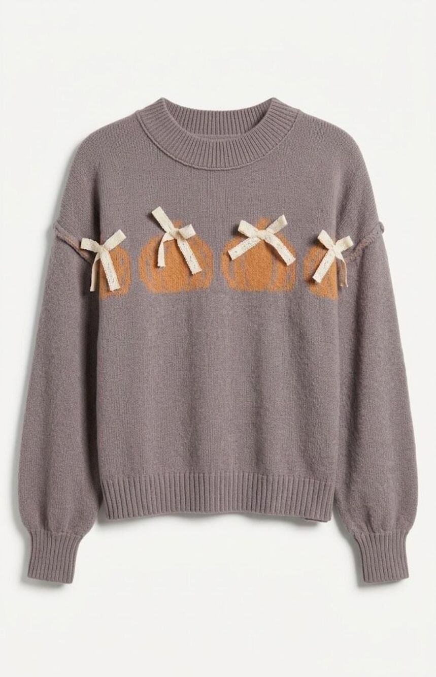 FF243. Fantastic Fawn Ash Brown Pumpkin Lace Bow Detailed Fall Sweater NWT
